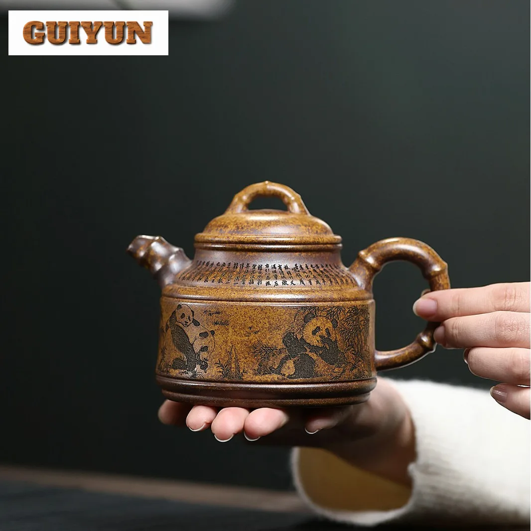 360ml Yixing Purple Clay Teapot Famous Handmade Bamboo Tripod Pot Raw Ore  Keel Gold Sand Mud Tea Maker Kettle Zisha Teaset Gift