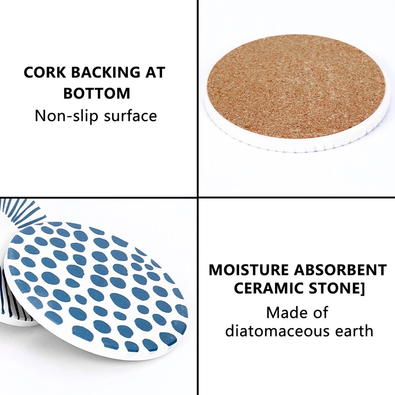 Pedra cerâmica com suporte de cortiça antiderrapante isolamento térmico tapete de mesa porta-copos absorventes para bebidas conjunto de 6