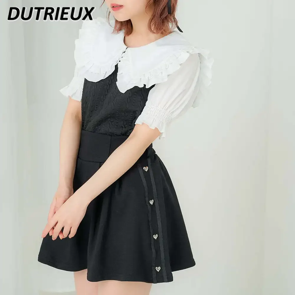 

Summer New Doll Collar Patchwork Easy Matching Blouse Cute Sweet Girl Shirt Japanese Style Wooden Ear Puff Short Sleeve Tops