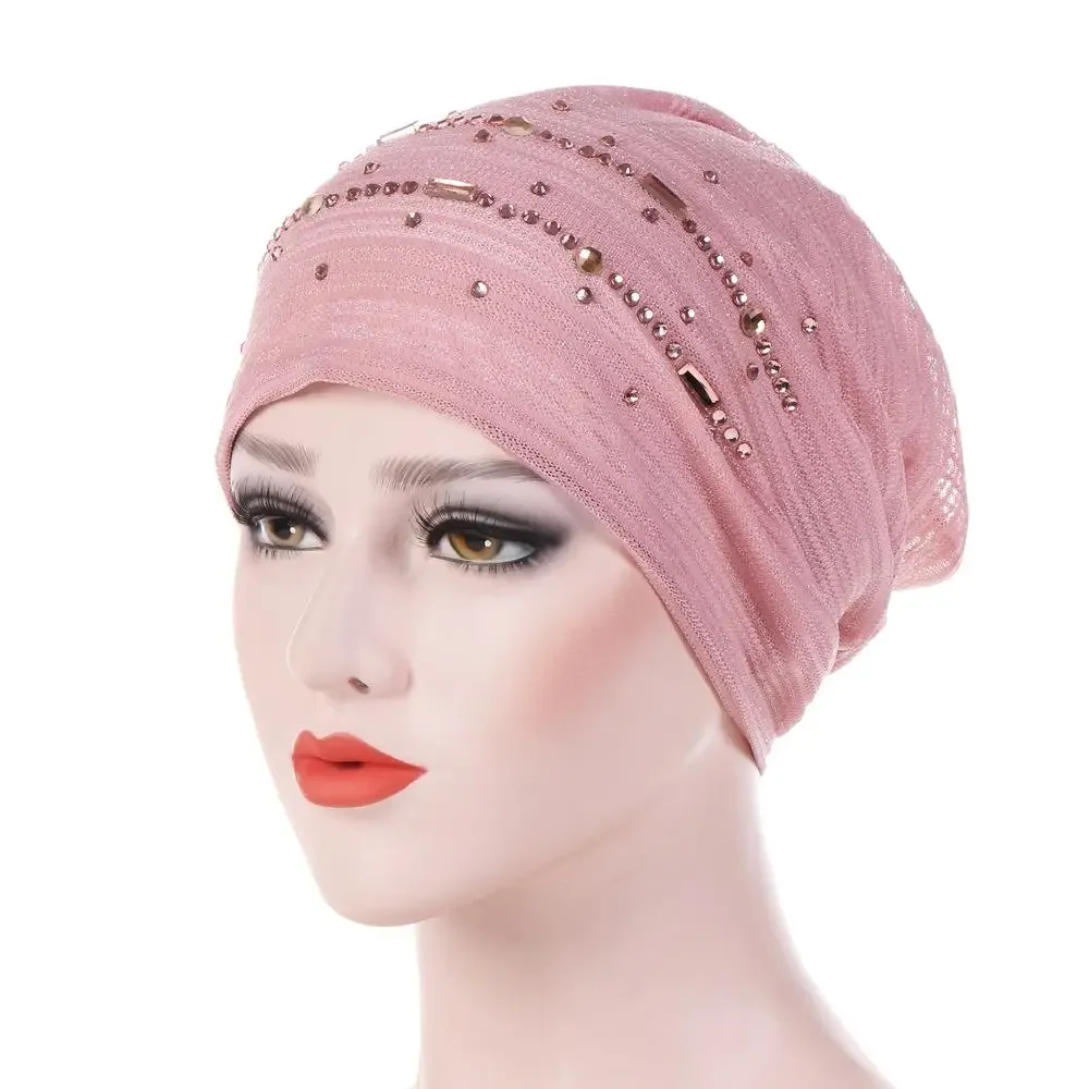 1PC Solid Fashion Women Beading India Hat Islamic Lace Turban Elastic Muslim Hat Chemo Cap Headwrap Soft Sleeping Hat Beanie New