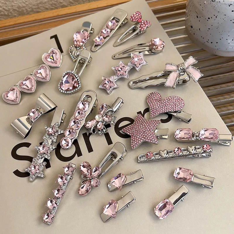 Elegante Pinza de Pelo Rosa con Diamantes de Imitación, Accesorio de Alta Gama para Mujer, Pinza de Pico de Pato