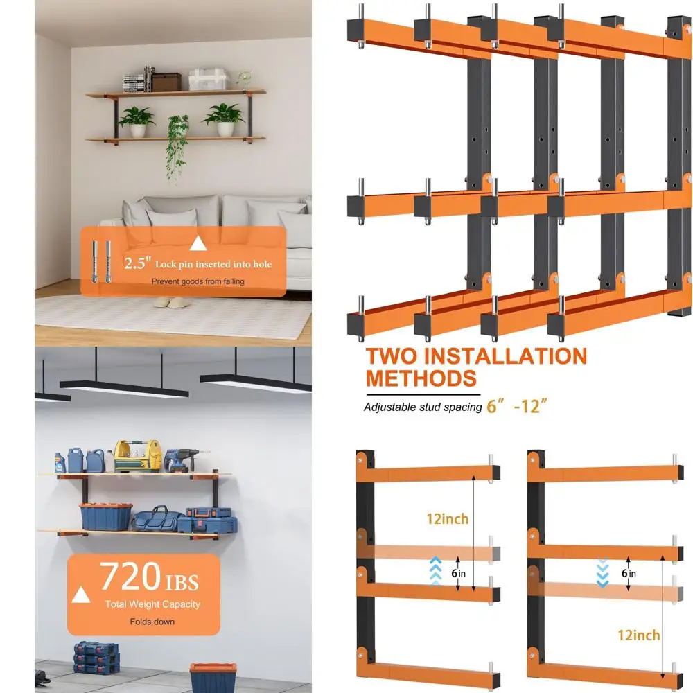 

4-Pack Heavy-Duty Wall-Mounted Lumber Racks - Holds 720 lbs, 6-Level Folding Wood Storage Organizer for Garage, Orange Metal She