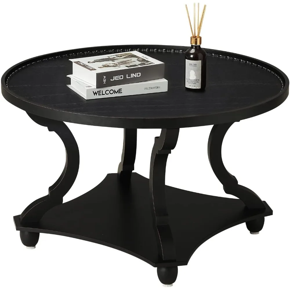 

Farmhouse Round Coffee Table, Wood Tray Top Circle Coffee Table with Storage Shelf Rustic Style for Living Room and Vin