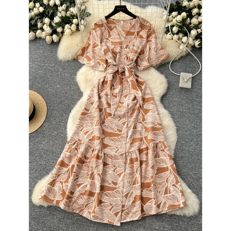 Boho women summer floral print v neck slim bandage long dress casual party high waist INS elegant beach holiday tunic dress