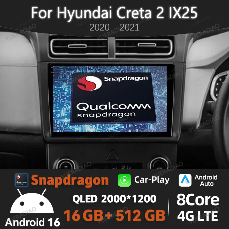 Android 16 Car Radio For Hyundai Creta 2 IX25 2020 - 2021 Qualcomm BT GPS NAVI 4G WIFI Head Unit Multimedia Stereo Video Player