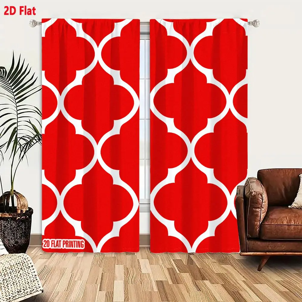 2Pcs Curtains 2D Flat Vibrant Red Background With White Interlocking Quatrefoil Geometric Pattern For Wallpaper And Fabric Print
