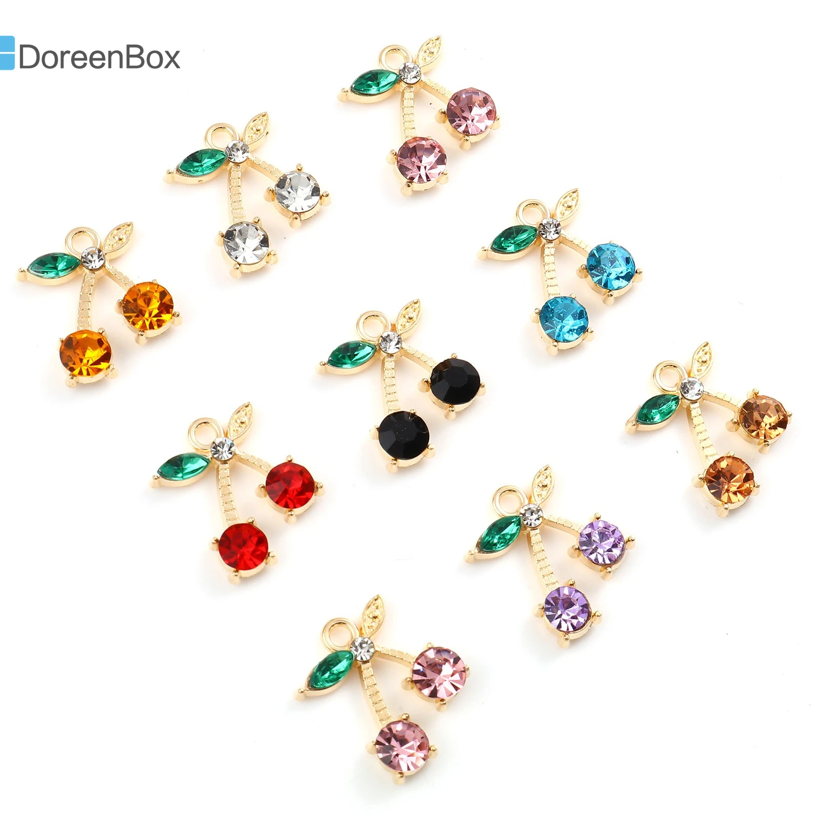 10PCs Fruit Cherry Charms Pendants Gold Color Colored Rhinestones Pendant Cherry Shaped Necklace Pendants for DIY Women Jewelry