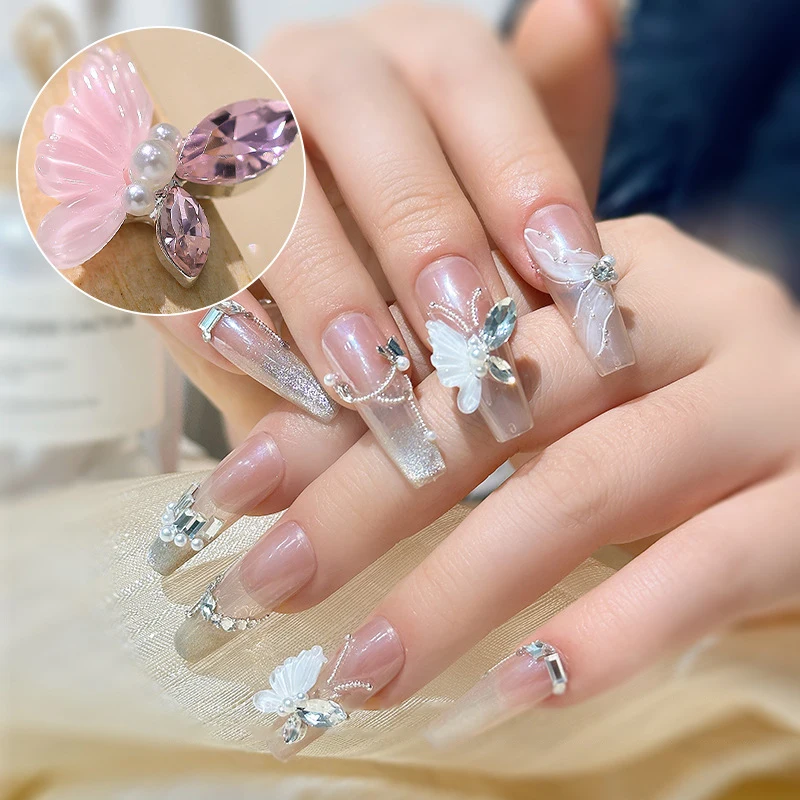 5 teile/beutel Rosa Weiß Schmetterling Nail art Dekoration Fliegenden Schmetterling Unregelmäßigen Luxus Schmuck Strass Nail art Diy Charme