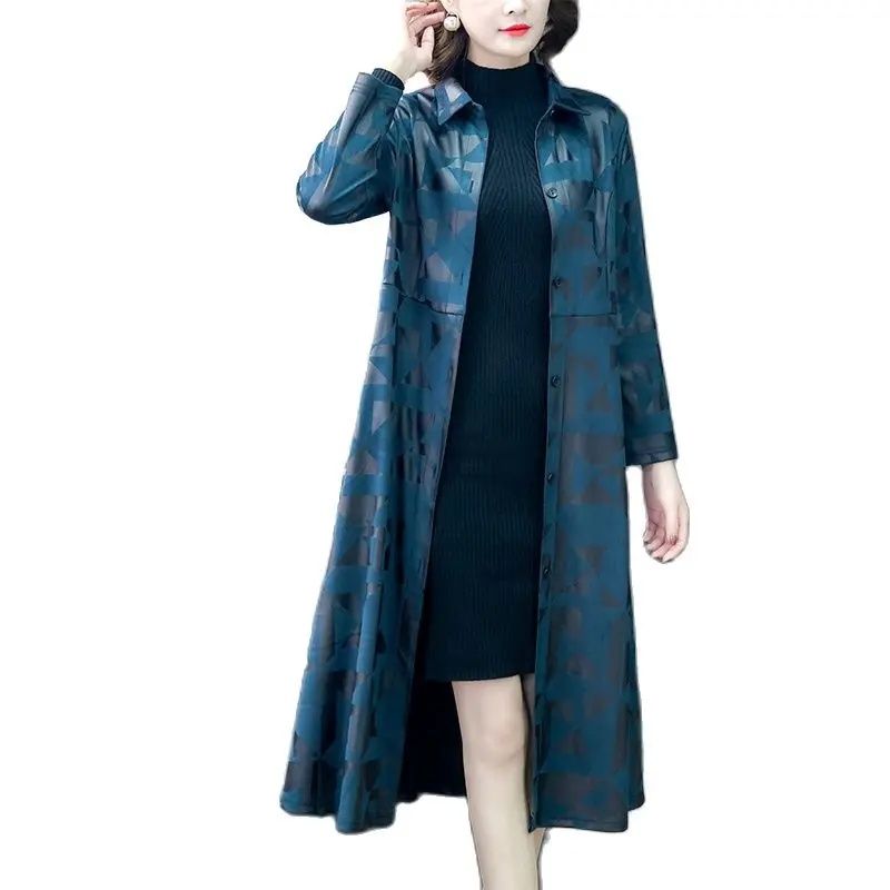 

High Quality Women's Trench Coat Long Outerwear Spring Autumn Coat Single-breasted Slim Casual Blue Printed Windbreaker Female