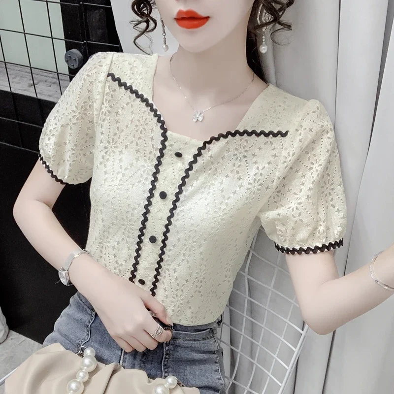 Vintage Summer Lace Shirts Women 2024 Korean Fashion Hollow Out Blusa Feminina Casual Slim Ladies Puff Sleeve Tops Y2k Blouses