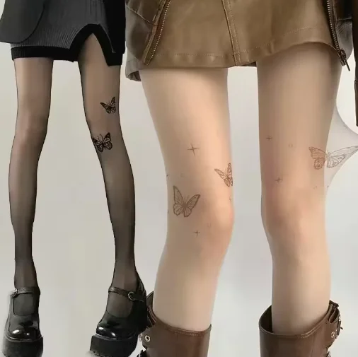 1/6 Paar Spicy Girl ultradünne bedruckte Strumpfhose mit vier Schmetterlingen, Nischen- und vielseitiger neuer Stil, schlanke und große Damenstrümpfe