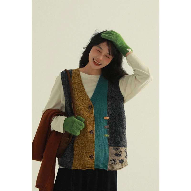 Vintage Print Sweater Vest Women Patchwork Knitted Cardigan Waistcoat Harajuku Sleeveless Knitwear Winter Korean Casual Jumpers