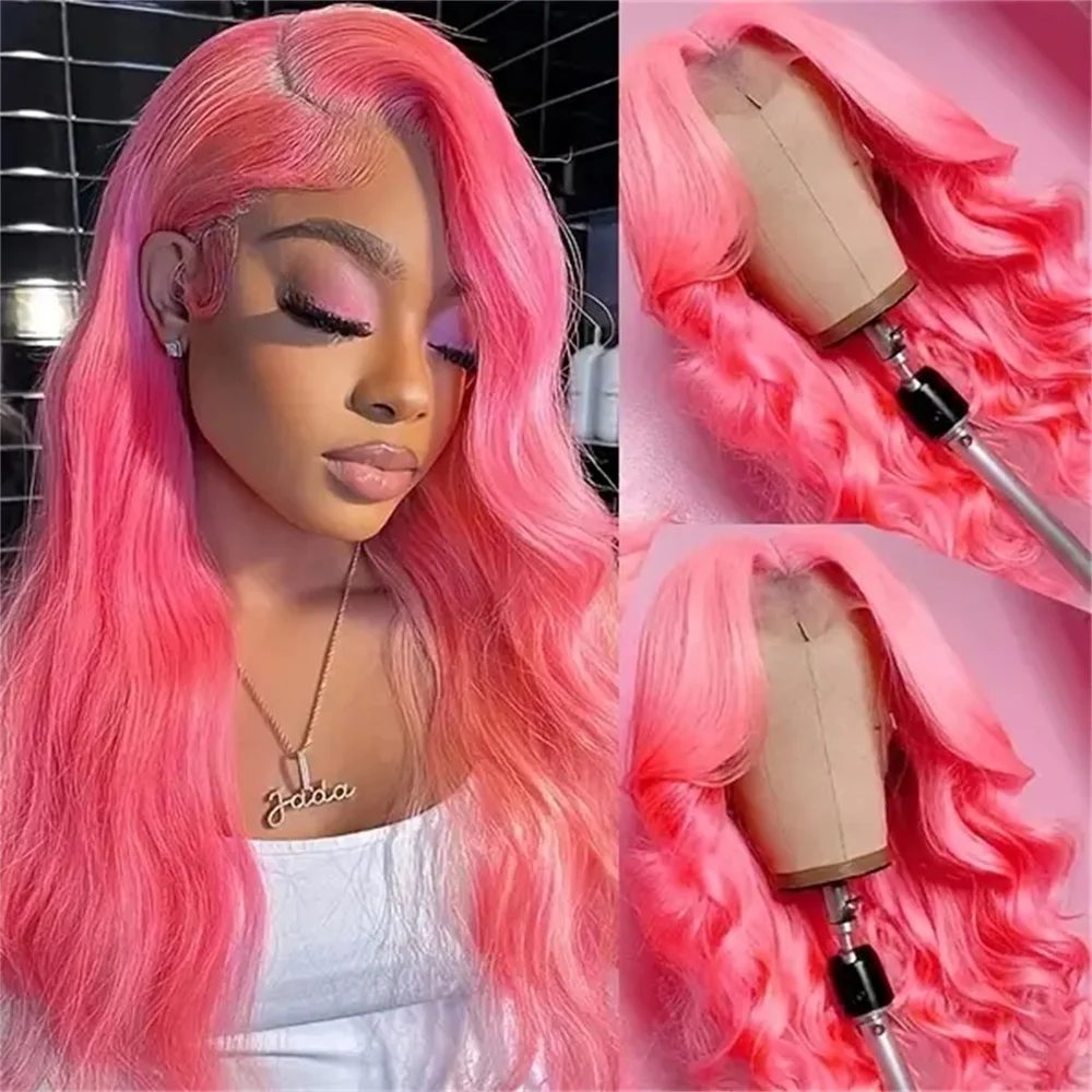 

13x6 Pink Colored Human Hair Wigs Body Wave Vietnemese Lace Front Wig Pre Plucked 180% Density Rose Pink Lace Wig For Women