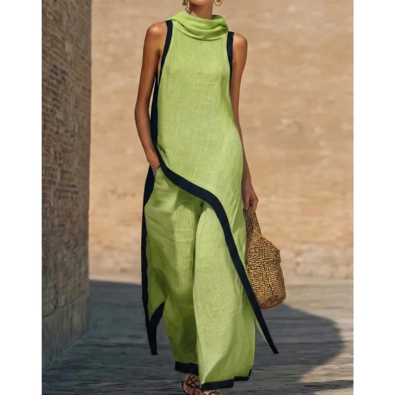 

Foreign Style Long Top+wide Leg Pants Two-piece Set Women's Summer Fashion Color Blocked Hooded Top Suit Ladies Office Outfit