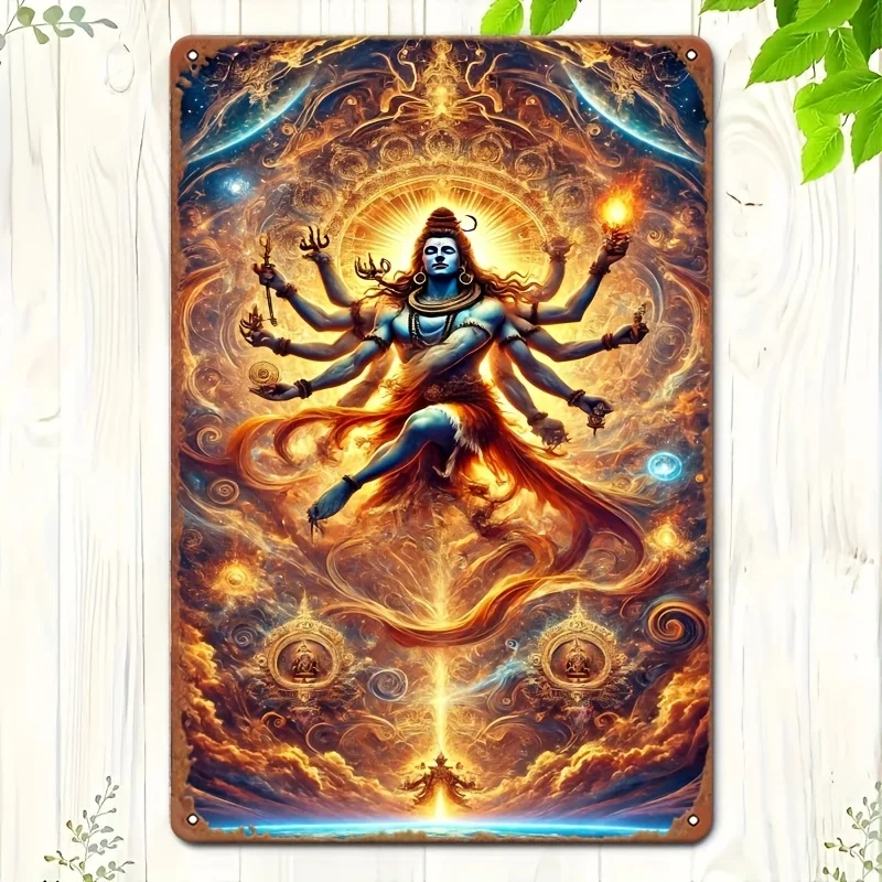   Multi Armed Shiva Dancing Cycle Retro Metal Tin Painting, Iron, es, Artistic Decoration, Easy to Install, Indoor and Outdoor H