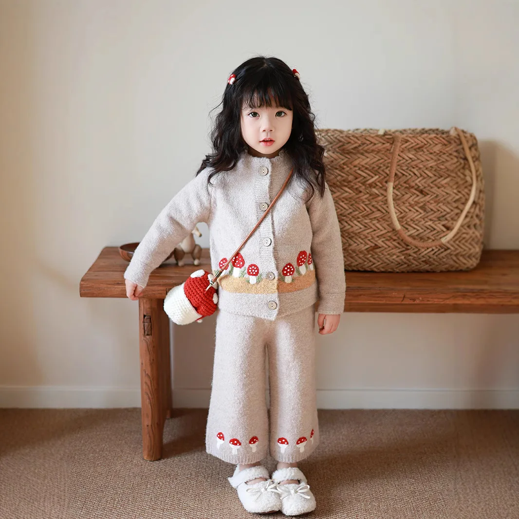 Korean Style Kids Knit Cardigan Hand Crochet Mushroom Forest Series Sweater And Pants Set Cute And Stylish Outfit for Children