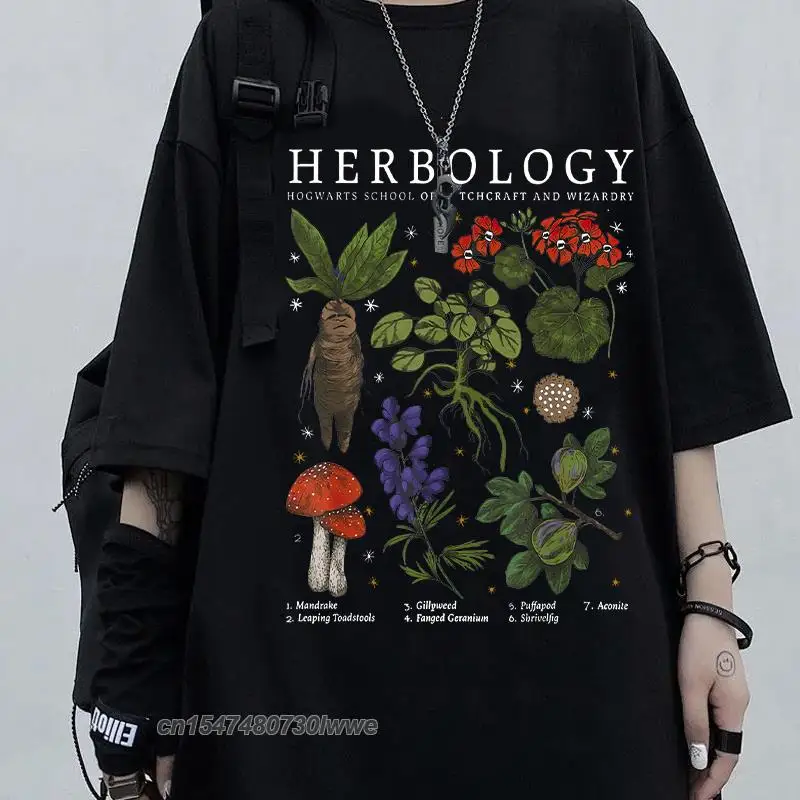 고딕 Herbology 하라주쿠 Y2k 스트리트 탑 레이디 귀여운 만화 만화 소녀 글자 인쇄 일본 캐주얼 남성 티셔츠 트렌디 여성