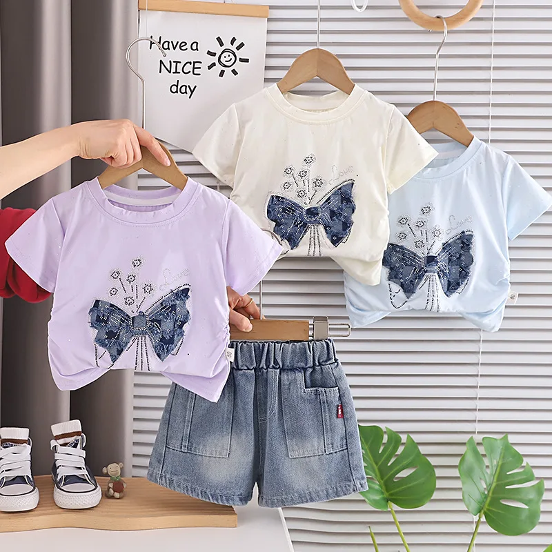 Korean Summer Girls Outfit Delicate Butterfly Pattern T Shirt Casual Trousers Lightweight Comfortable Fashionable Clothing Set