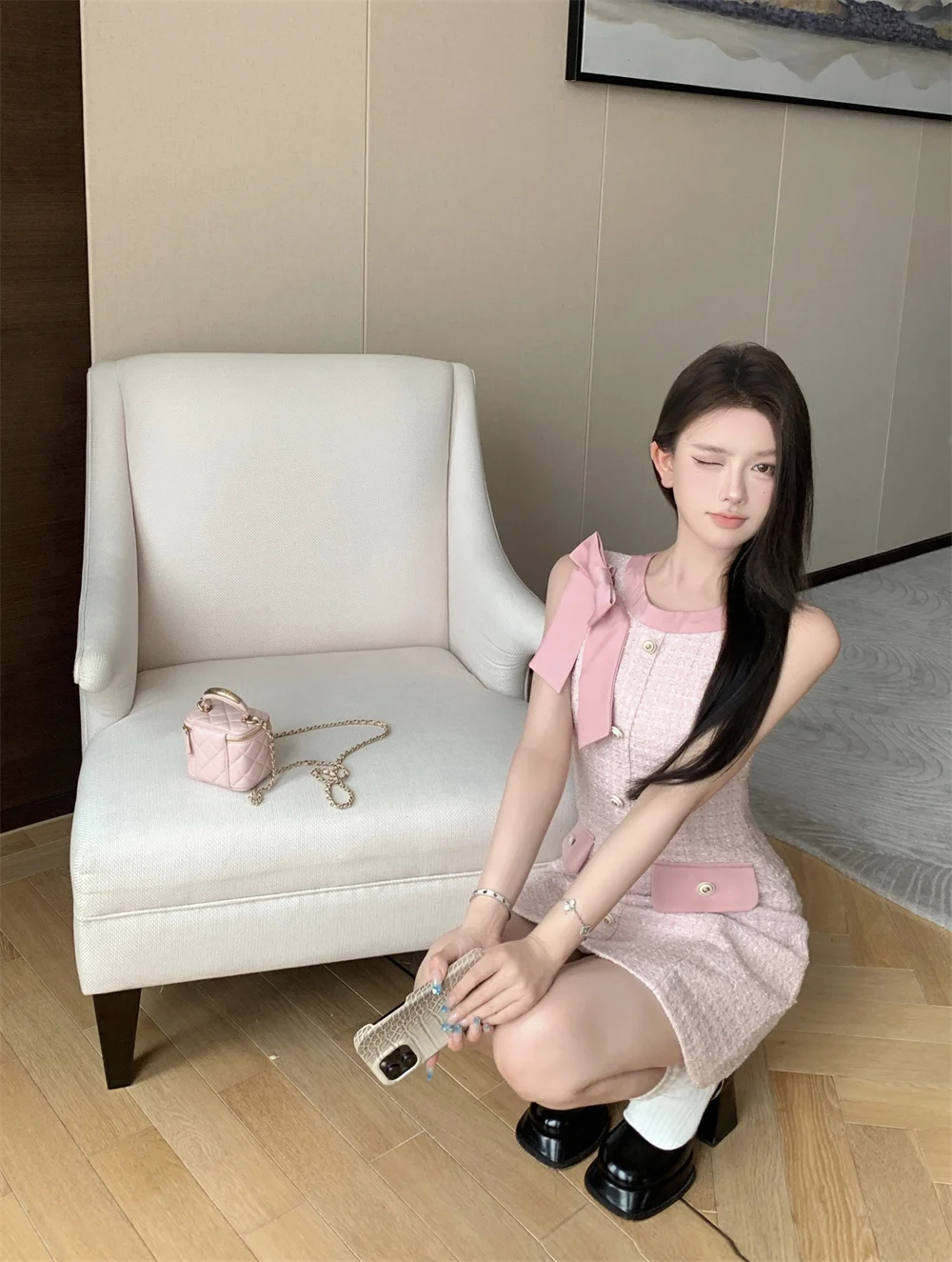 Women's Summer Tweed Temperament Fragrant Style Bow Sleeveless Vest Dress
