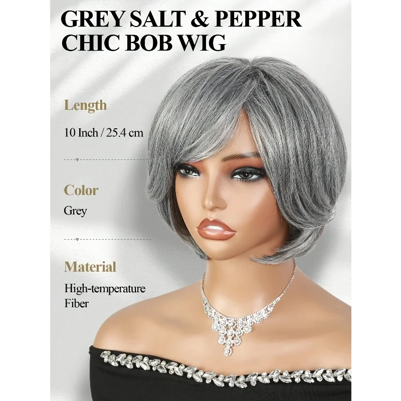 Lady's Fashion Layered Gray Bob Wig, Straight Gray-White Pepper Color Bob Wig with Bangs, Natural and Realistic Synthetic Hair