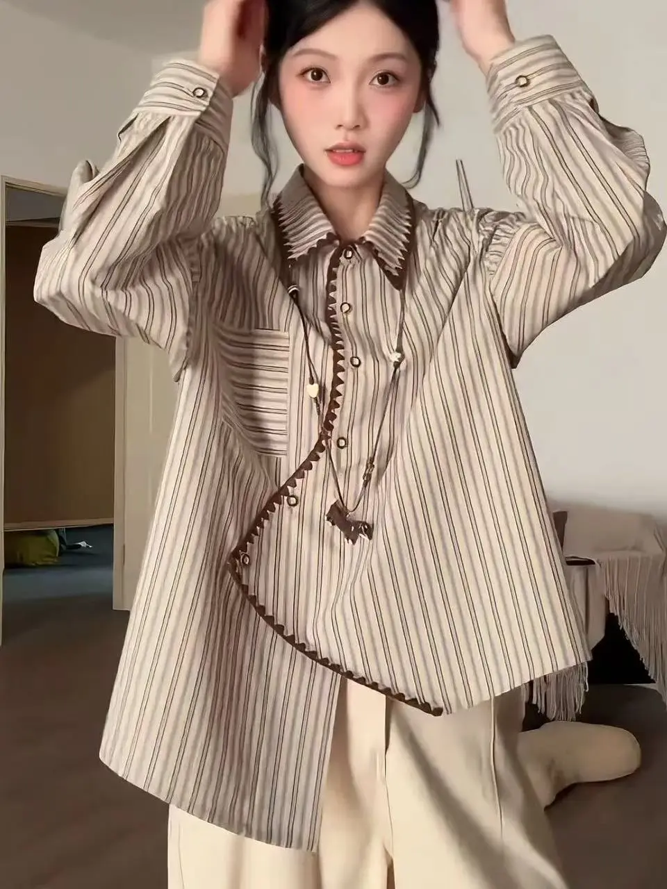 

Retro Asymmetric Striped Shirt Women's Spring Autumn Loose Slimming Concealing Elegant Top Quality Material Long Sleeve Butto...