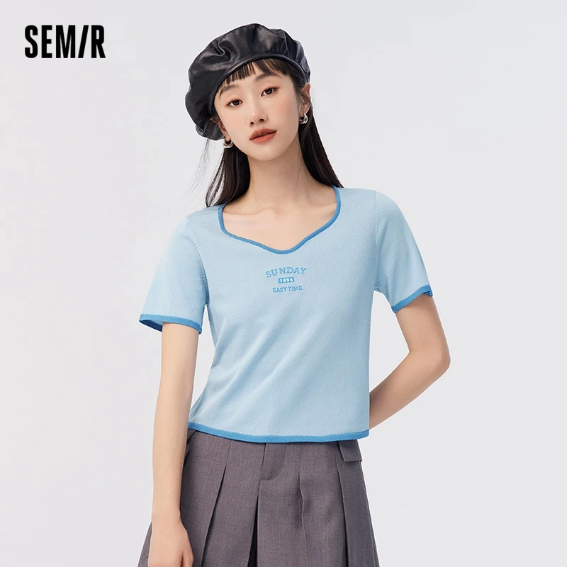 SEMIR-Pull court avec lettres brodées pour femme, haut slim, nouvelle collection été 2024