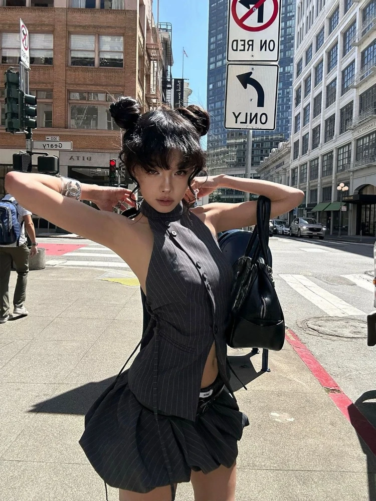 Summer Korean Fashion Y2k Women 2 Piece Set Pinstripe Sleeveless Halter Tie Button Tops+ Low Waist Mini Bubble Skirt Outfits New image 2