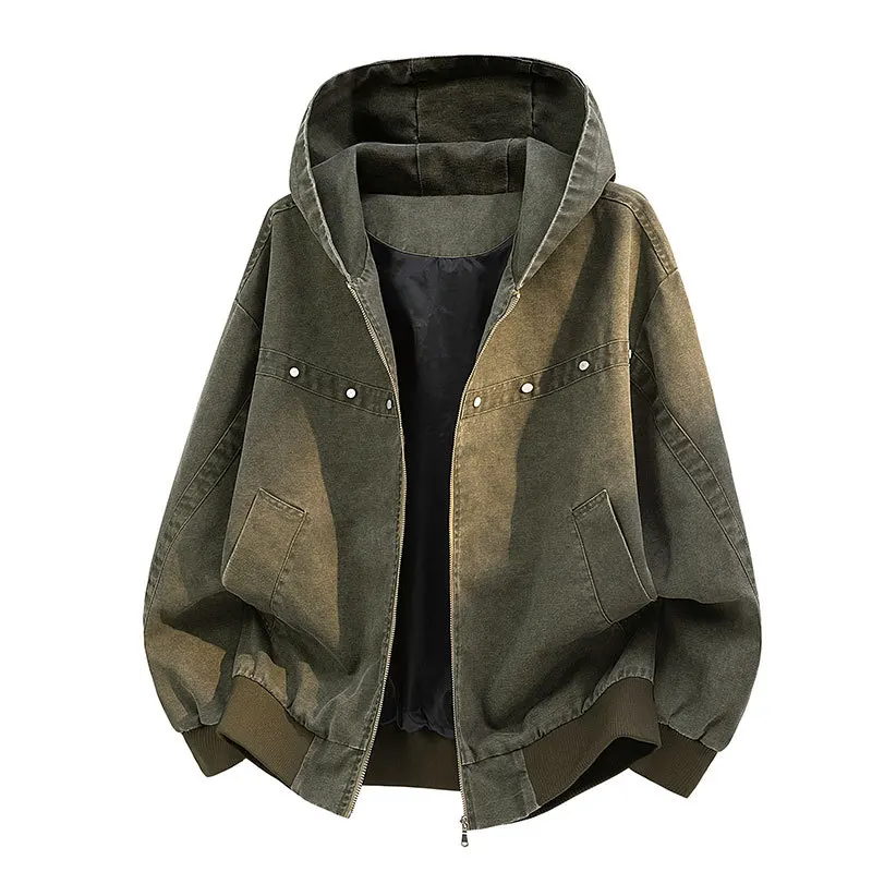 Men Jacket Spring Autumn High Street Simple Solid Color Hooded Male Outerwear Long Sleeve Pocket Zipper Loose Daily Man Coat