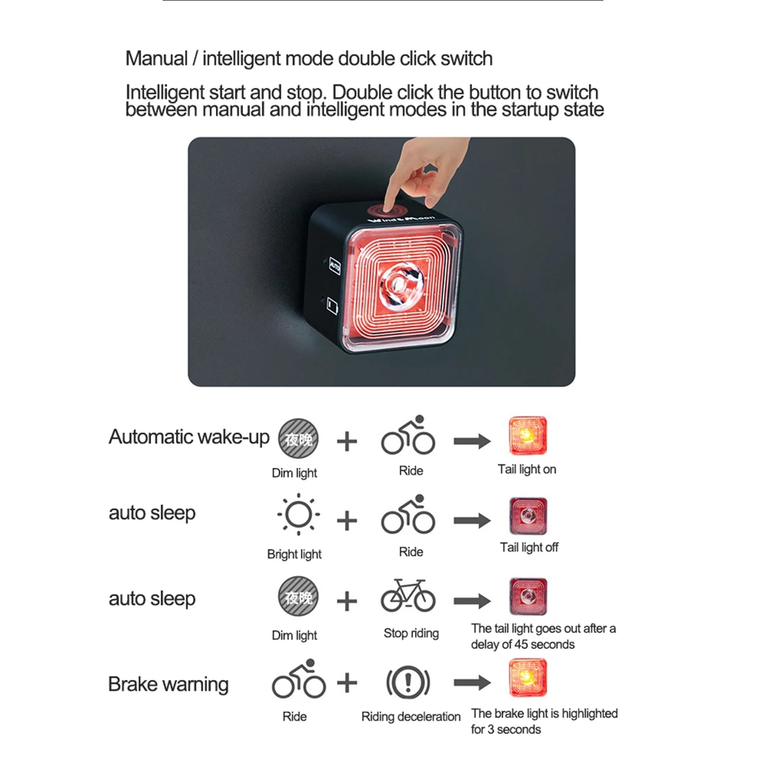 WIND&MOON 120 Lumen IP66 wasserdichte Licht-Sets, Scheinwerfer- und Rücklicht-Sets für 5-Gang-Modus-Bremsleuchte, WT06+WT06S