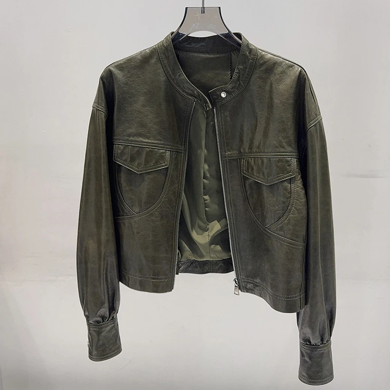 Vestes Courtes en Cuir Véritable pour Femmes, Hauts en Peau de Mouton Première Couche, Blousons Décontractés en Cuir Huilé avec Col Montant