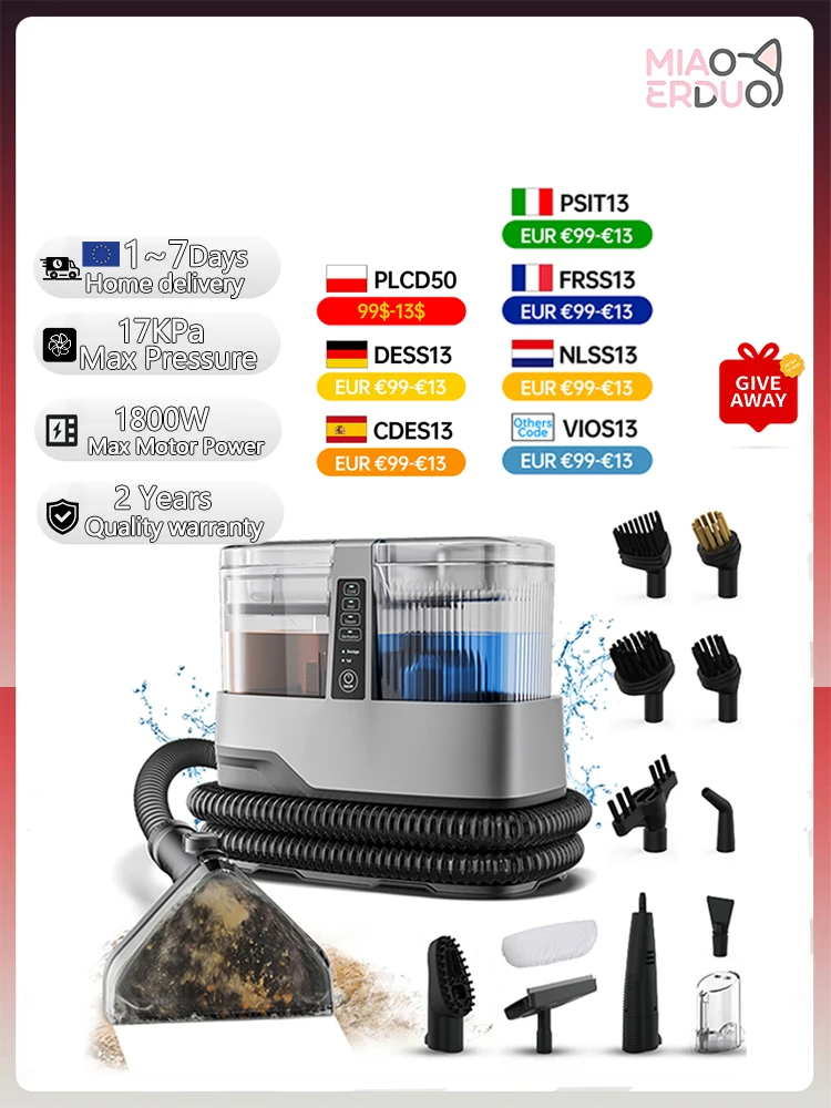 MIAOERDUO 1800W 17KPa Stoomtapijtreiniger 13-in-1 Multifunctionele draagbare droog- en natte reinigingsmachine voor bekleding, auto en huisdieren - afbeelding 2