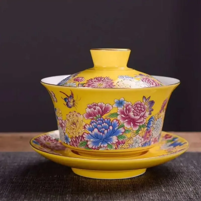Ceramic Enamel Colored Tea Pot Kung Fu Set Painted Water Cup Cover Bowl Heated Kettle Infuser Teapot Clay