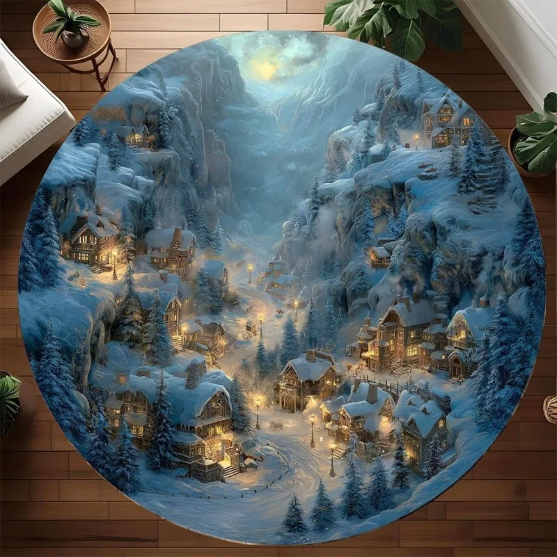 3D Snowy Farm Round Carpet Red Barn Pine Trees Snowy Ground Cave Design Mat Winter Country Indoor Home Decor Rug for Living Room