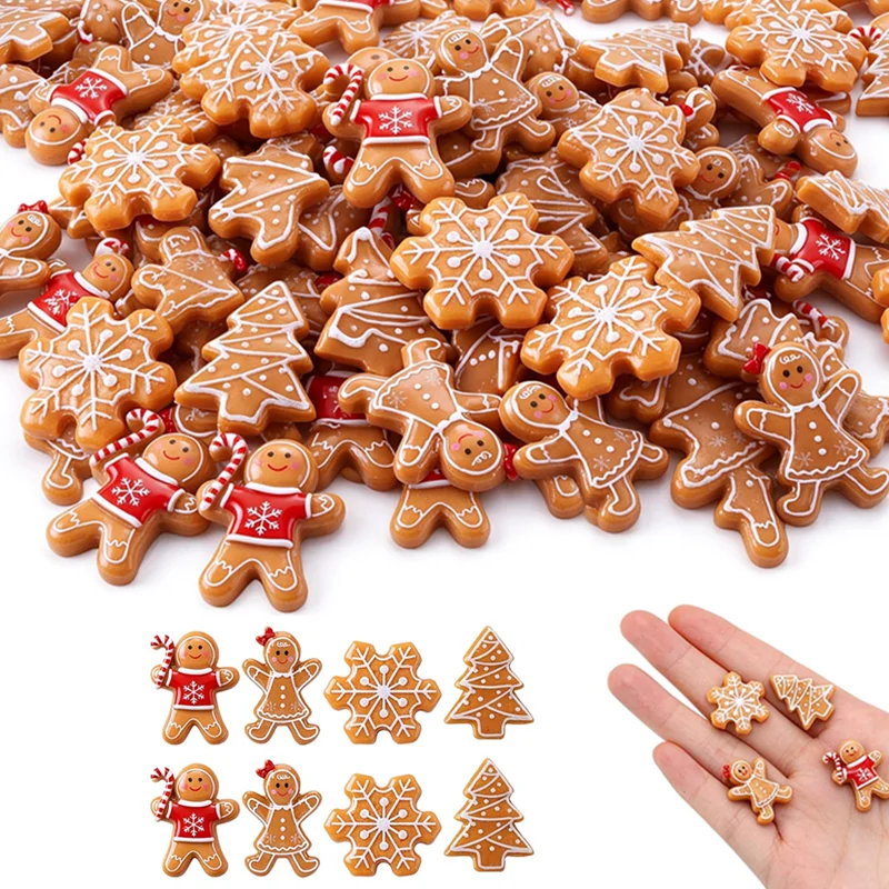 40Pcs Christmas Flatback Resin figurine Charms Mini Gingerbread Man Snowflake Xmas Tree Figurines DIY Craft Embellishments