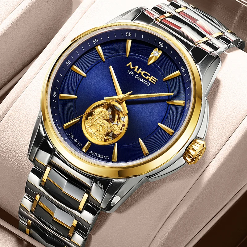 

MIGE Original Miyota Automatical Mechanical Watch for Couples Skeleton Diamond Sapphire 24K Gold Stainless Steel Wristwatch