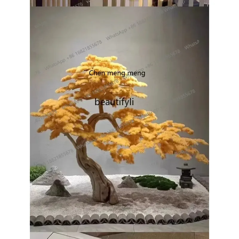 

A New Chinese Artificial Yellow Welcome Pine Large Old Root Carving Solid Wood Hotel Ornaments Landscape R