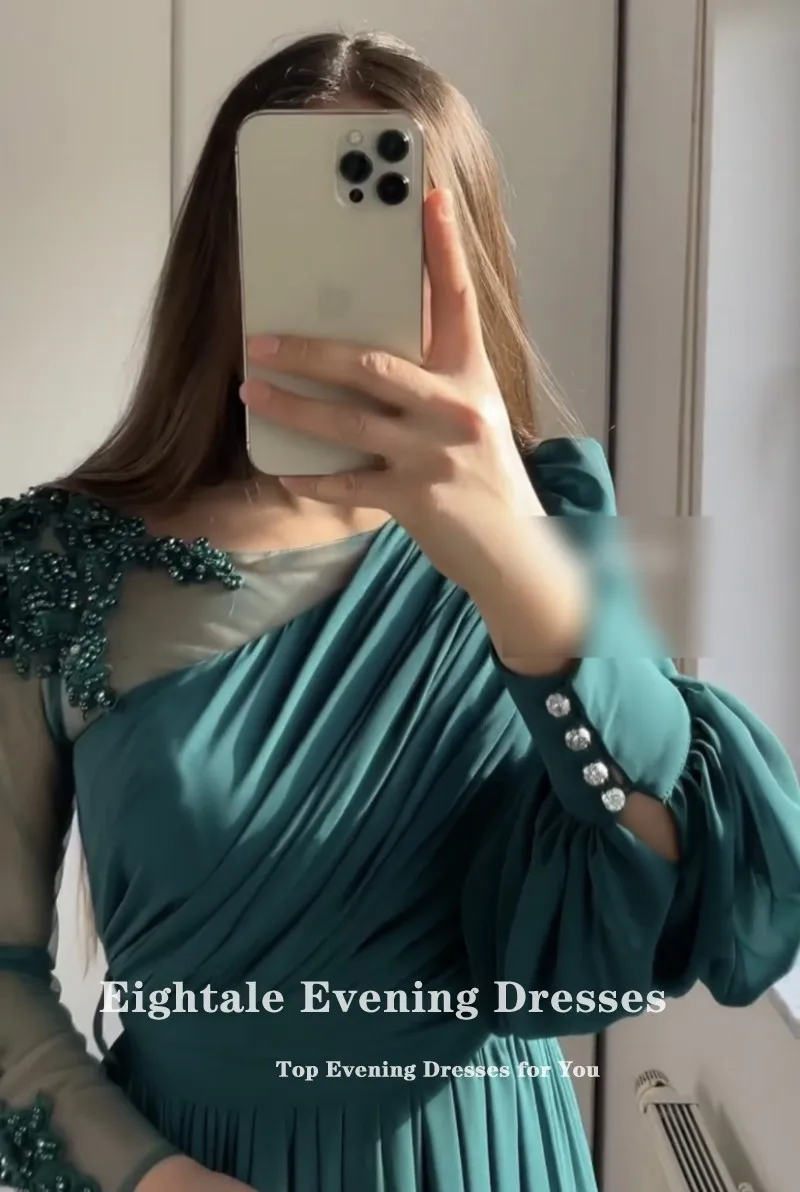 Eightale Vintage Evening Dress for Wedding Party Chiffon Beaded Long Sleeve Green Appliques Customized Prom Gowns Dress