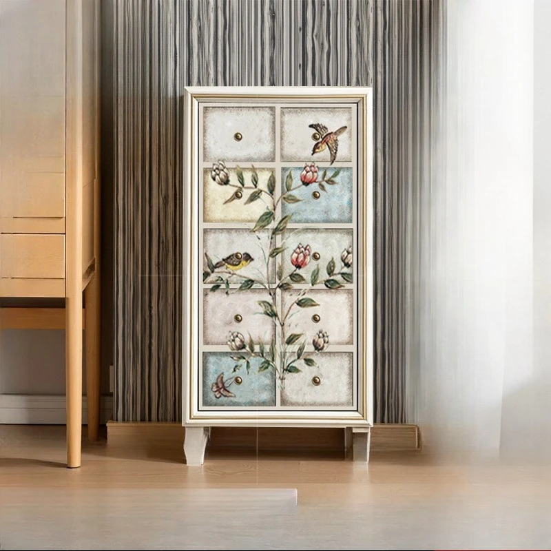 

American pastoral style solid wood chest art painting multi-drawer classification locker bedroom storage cabinet chest