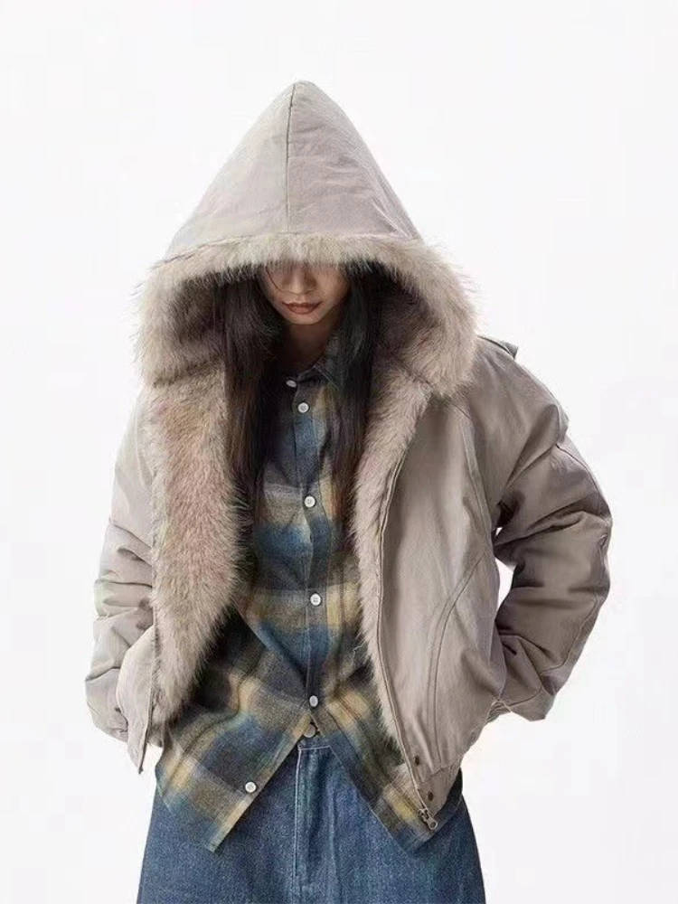 อเมริกันวินเทจผู้หญิงขนสัตว์ Patchwork Coat ฤดูหนาว High Street Spice Girl ออกแบบ Hooded แจ็คเก็ตหญิงเกาหลีแฟชั่น Y2k เสื้อผ้า