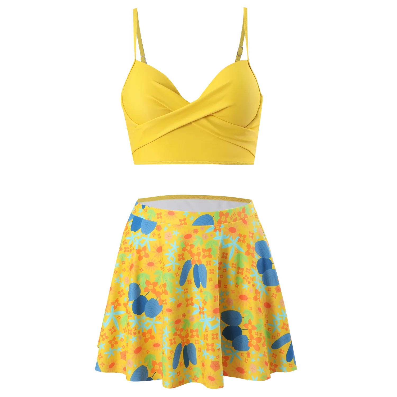 

Women's Yellow Tropical Print Bikini Set Cross Front Top and Skirted Bottom Beach Swimwear for Vacation Swimming Bathing Suit