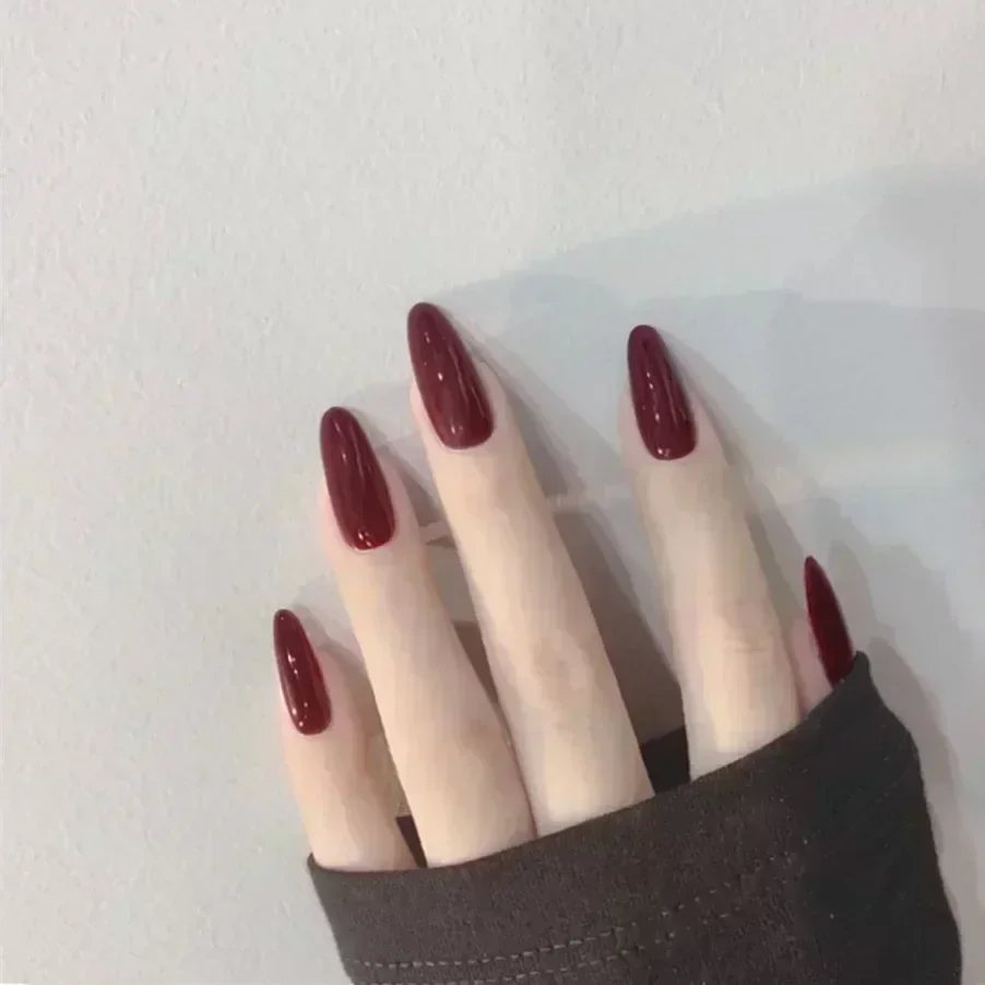 24 pçs/caixa longo stiletto unhas falsas com cola vermelho nu rosa branco milktea cor geléia unhas dicas cobertura completa imprensa em unhas