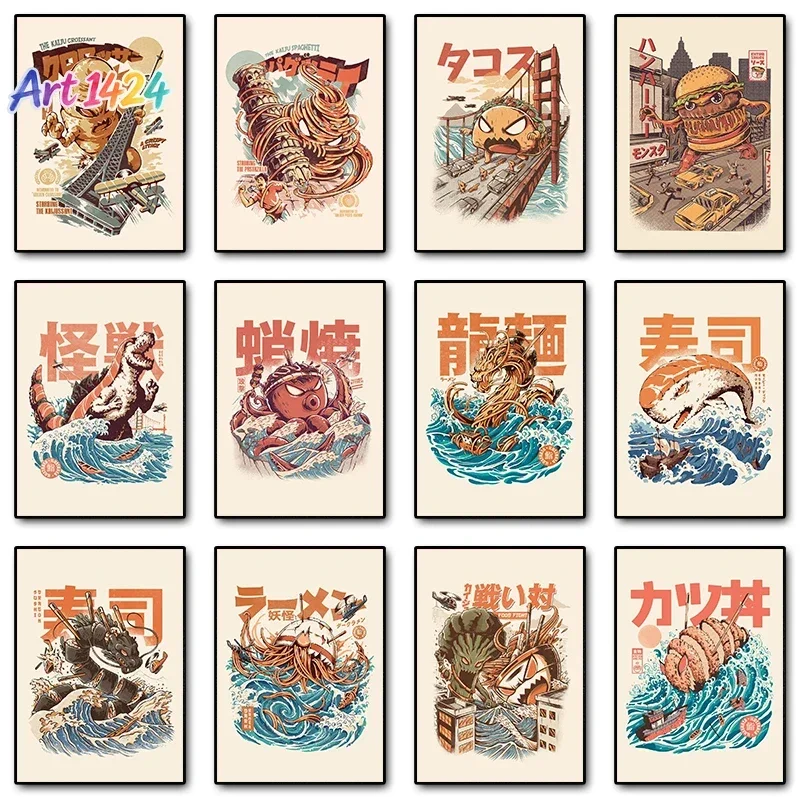 1pc frameless Canvas Painting Japanese Kaijus Food Sushi Ramen Burgerzilla Posters Canvas Painting Vintage Funny Wall Art for