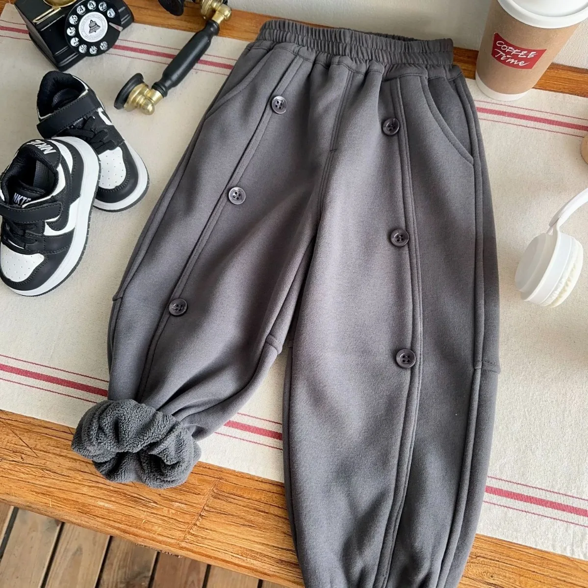 

Boys Pants Fleece Children New Autumn and Winter Fleece Knitted Pants 2023 New Fashionable Solid Color Warm Casual Pants