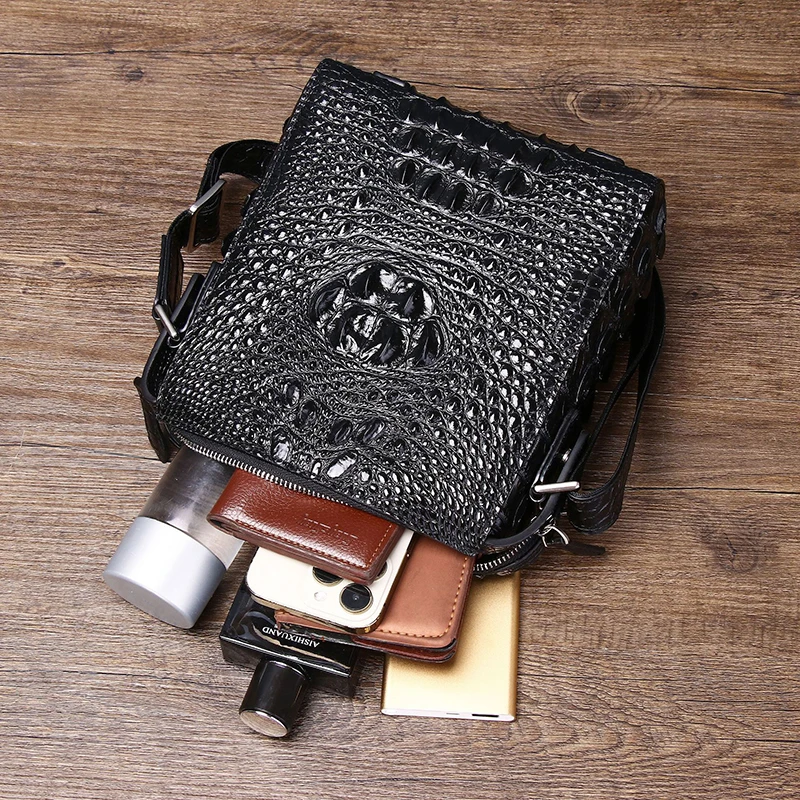 Bolsa de couro oblíqua de couro real masculina, padrão crocodilo, um ombro, luxo, casual, nova moda