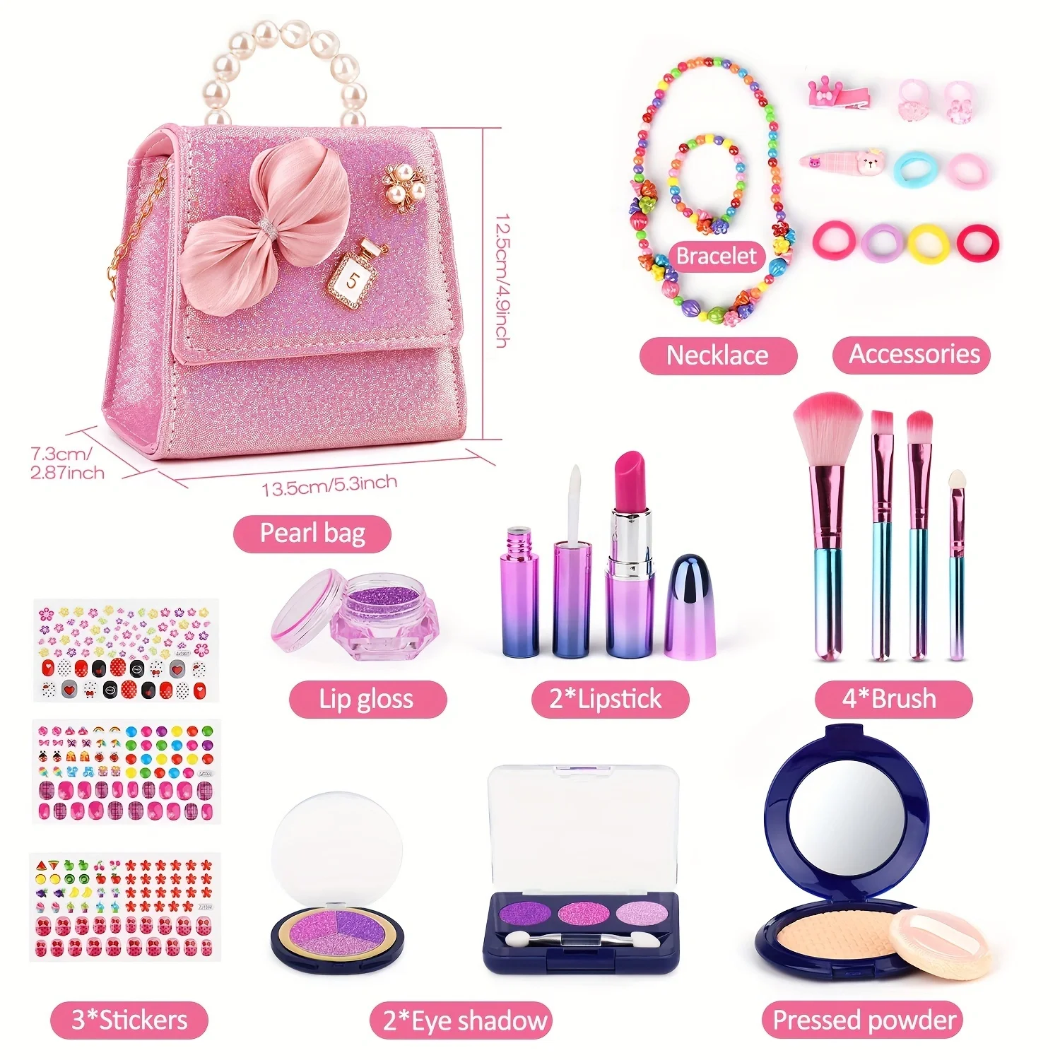 Girls Pink 28-Piece Washable Makeup Toy Set With Carying Bag, Cosmetic Beauty KitFor Little Girls, Includes Pressed Powder