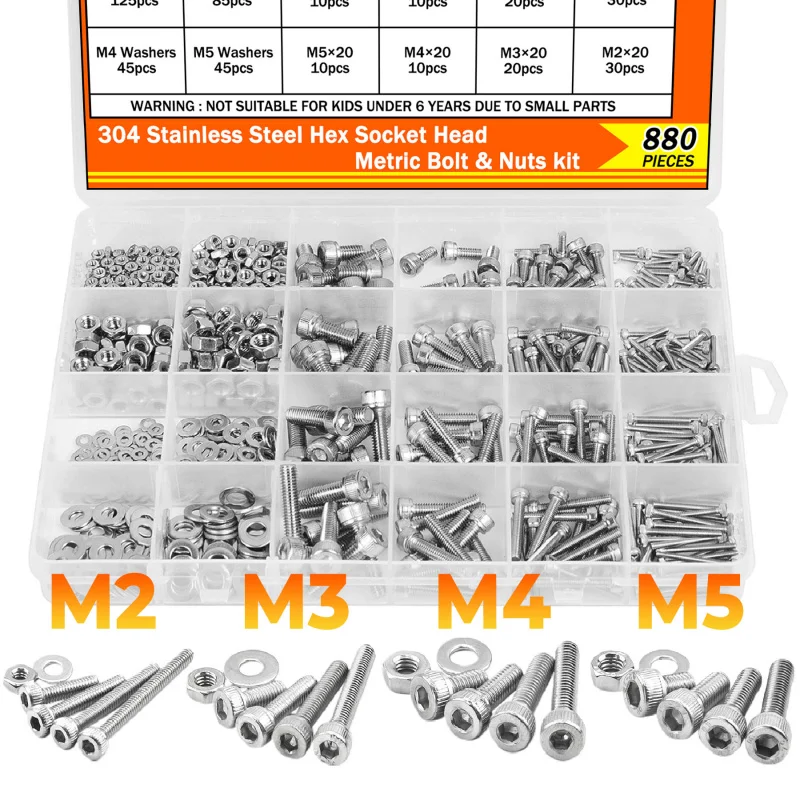 880-teiliges Schrauben- und Muttern-Schrauben-Unterlegscheiben-Set aus Edelstahl 304, M2, M3, M4, M5, Innensechskant-Maschinenschrauben-Set mit Inbusschlüssel