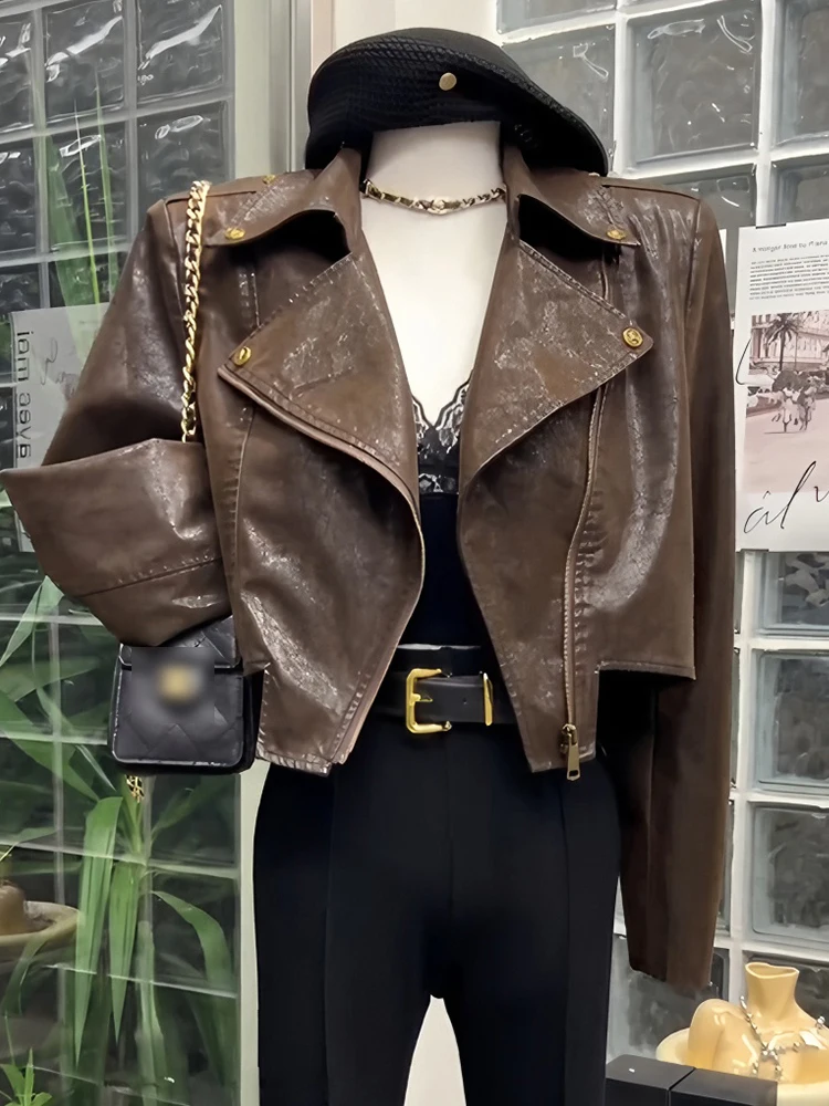 

Slimming ort Biker Jaet Women's plus Size Coffee Color American Sle Loose Fit Zipper Design Casual Wear Spring New