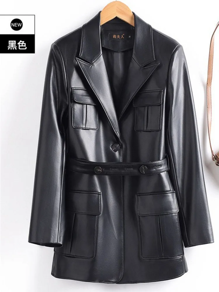 Medium to long length suit collar casual leather jacket Spring and Autumn new style women slimming retro windbreaker jacket