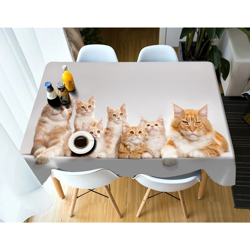 3D Cute Cat Family Pattern Tablecloth, Waterproof, Thicken, Rectangular and Round Table Cloth for Wedding, Merry Christmas