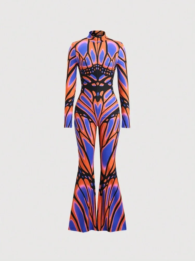 Weihnachts-Overall für Damen mit ausgestelltem Bein, Candy Cane- und Schneeflockenmuster, Glockenbein-Design, Totenkopf-Bodysuit, Halloween-Weihnachts-Clubwear, Partykostüm – Detail 13